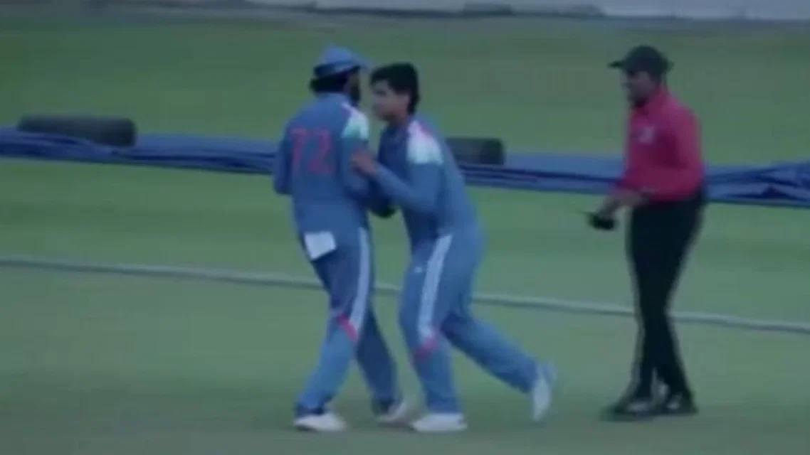 Vaubhav Sooryavanshi pushing Tilak Varma. [Source - X]