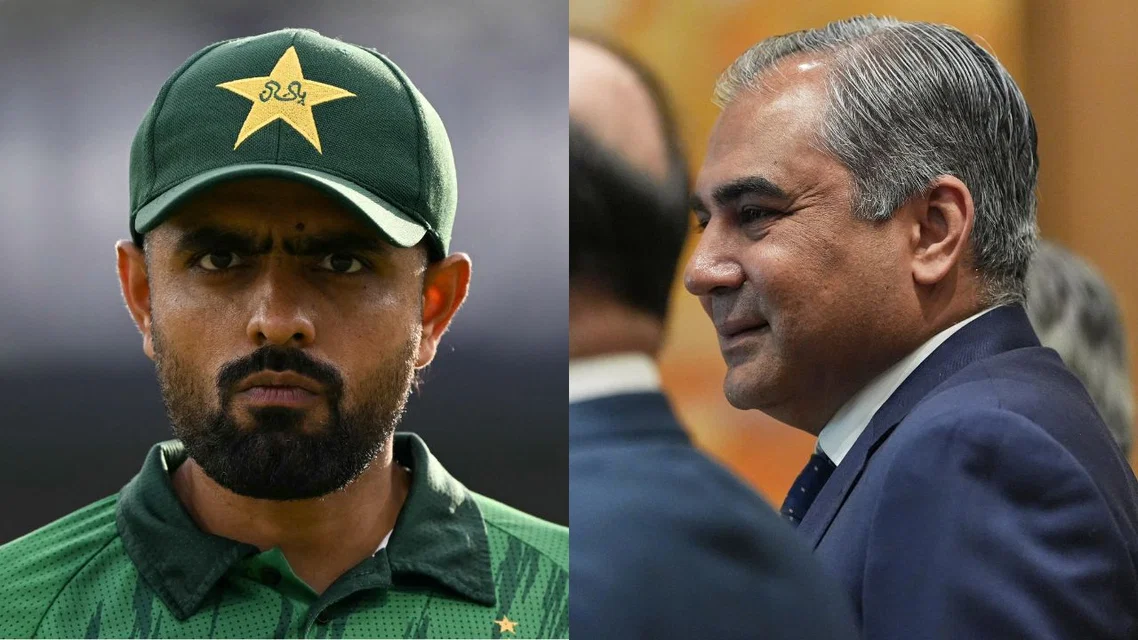 Babar Azam Mohsin Naqvi for Pakistan Cricket. Image Credits: AFP