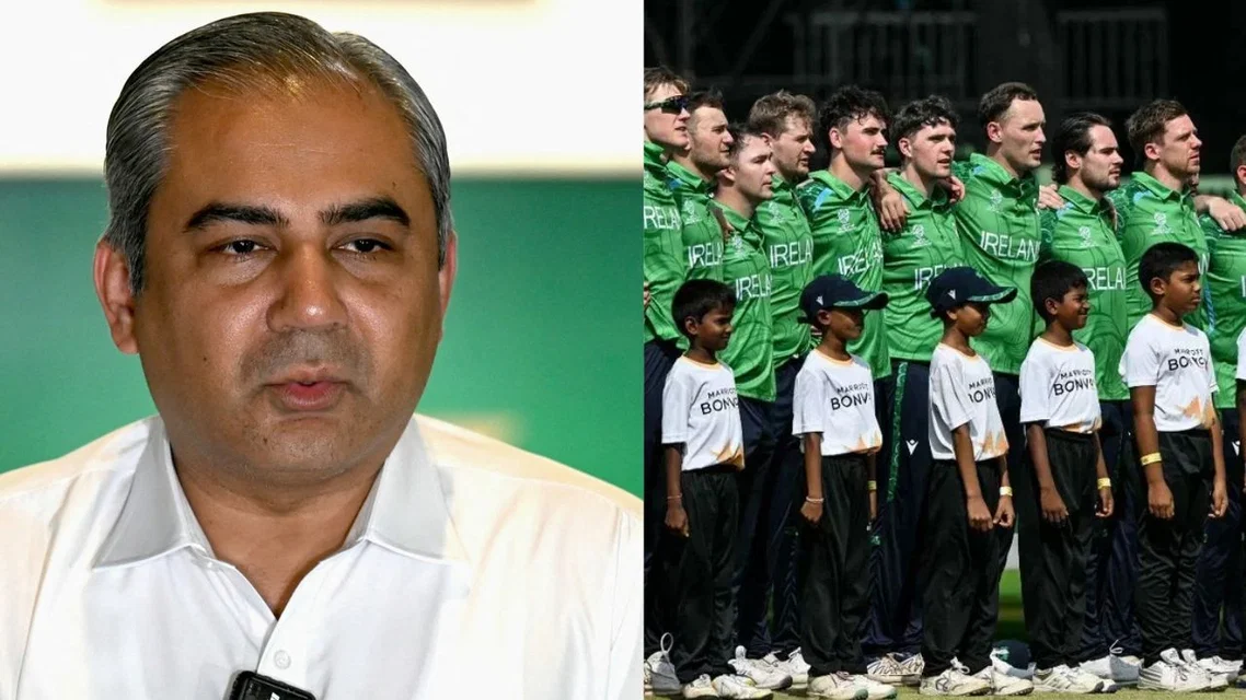 PCB chairman Mohsin Naqvi and Ireland team [Source: AFP]
