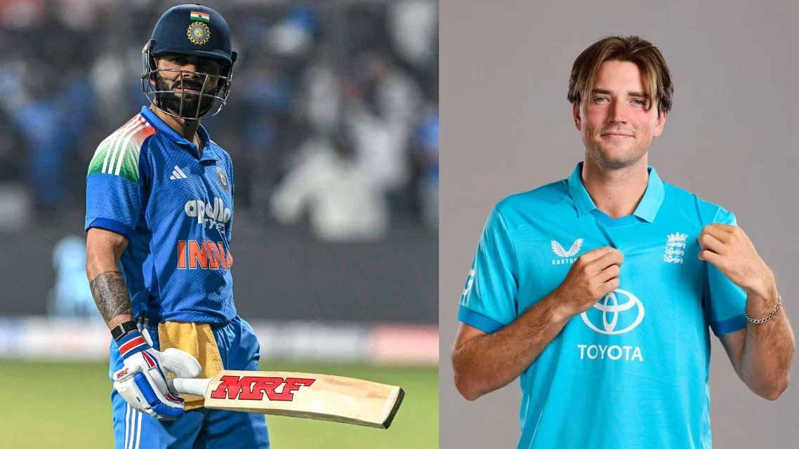 Virat Kohli and James Coles in frame. [Source- AFP/SussexCCC]