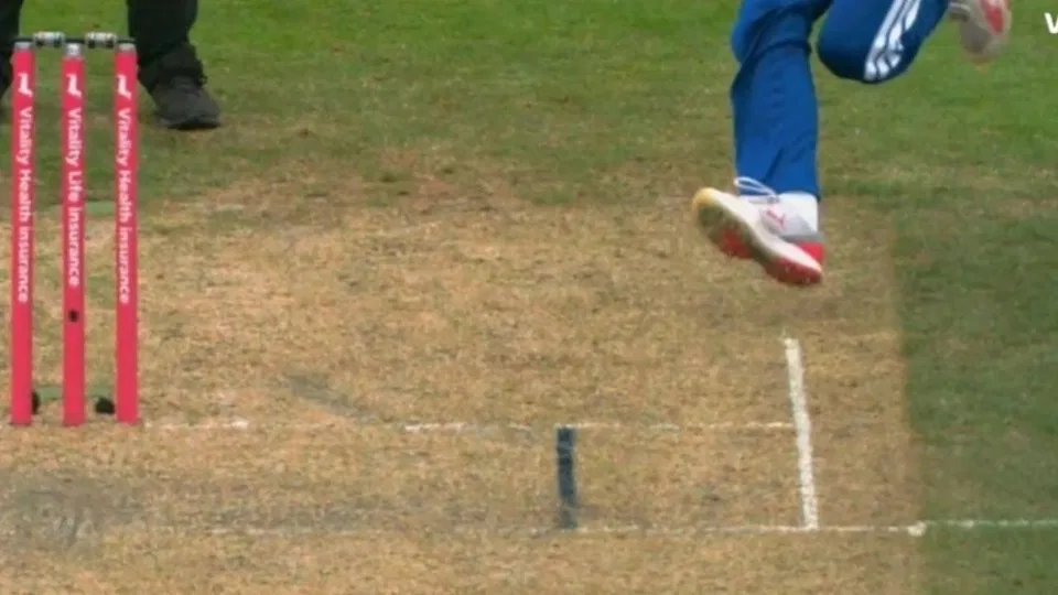 Bishnoi's back foot landed on the wide bowling crease on the image's right-hand side, stepping over the white line [Source: X]