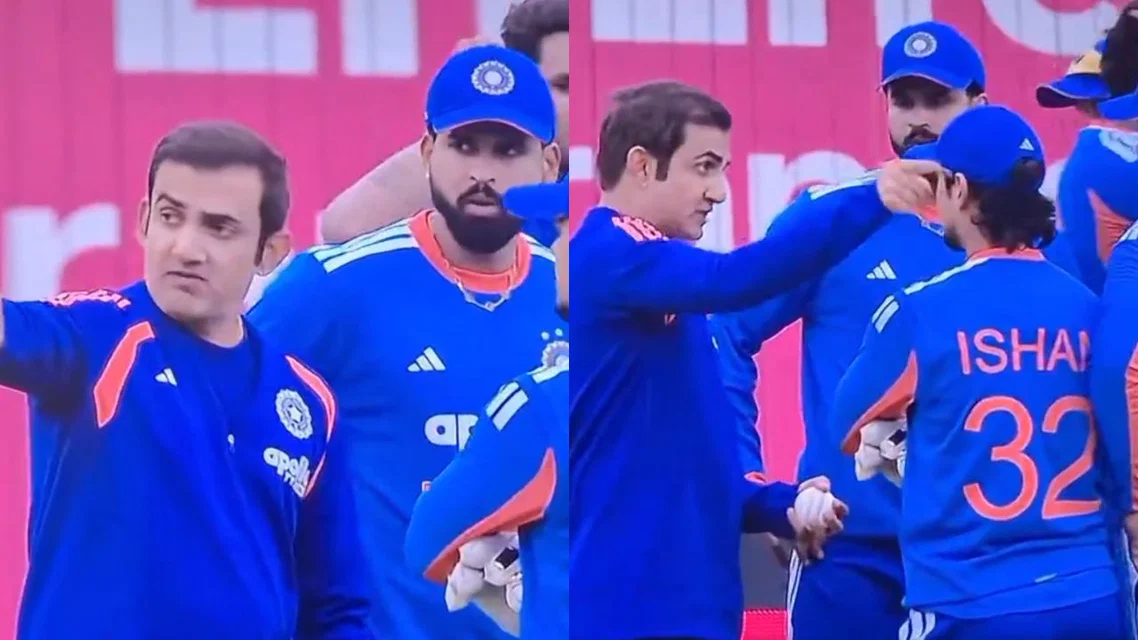 Gautam Gambhir on the field speaking with Shreyas Iyer and team [Source: X]