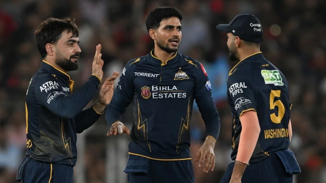 Shubman Gill with GT players [Source: AFP]