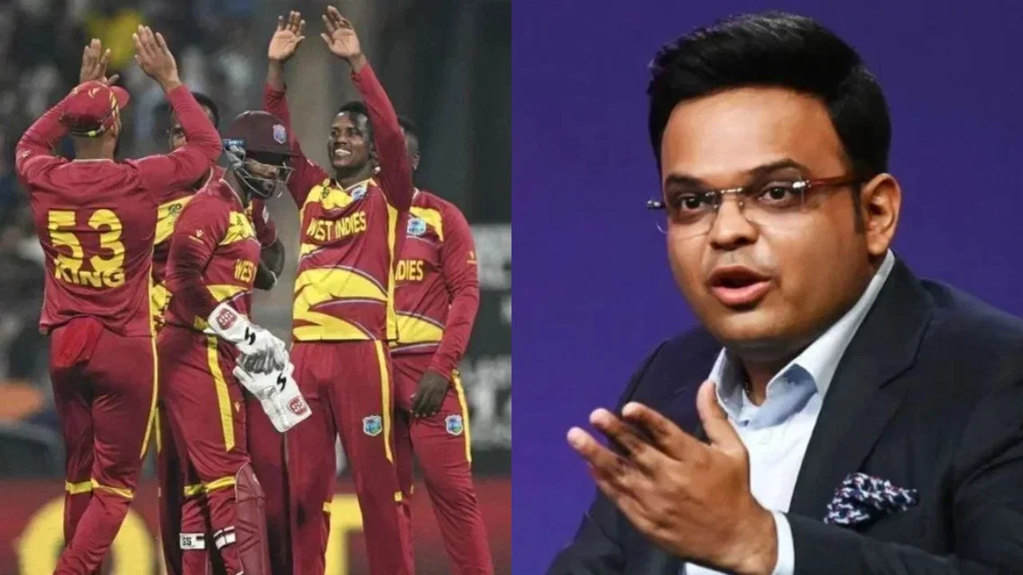 West Indies team and Jay Shah [Source: AFP]