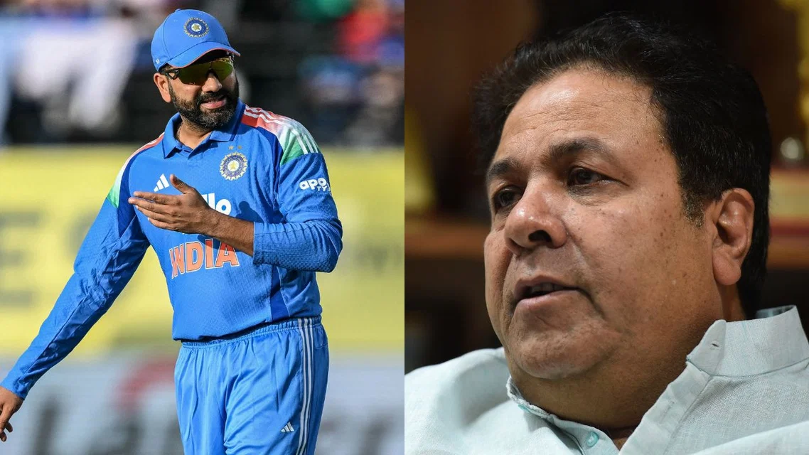 Rohit Sharma with BCCI VP Rajeev Shukla. Image Credits: AFP
