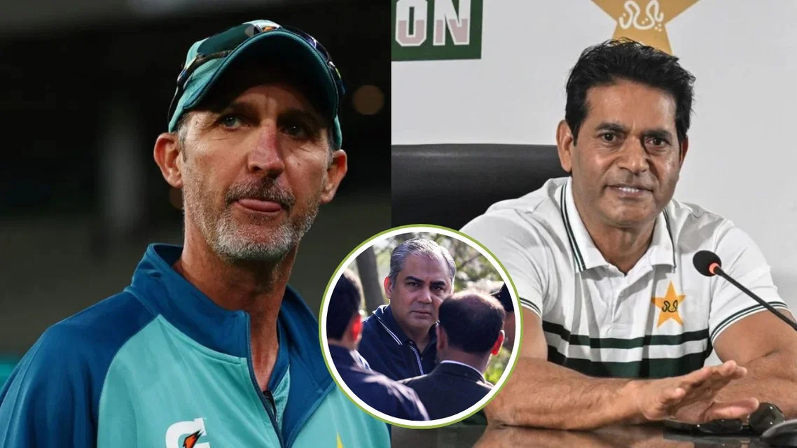 Jason Gillespie, Aaqib Javed and Mohsin Naqvi (Source: AFP)