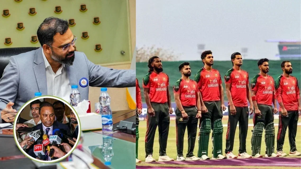 Bangladesh Sports Minister, Aminul Haque, Bangladesh Team and Devajit Saikia (Source: X, AFP and AP)