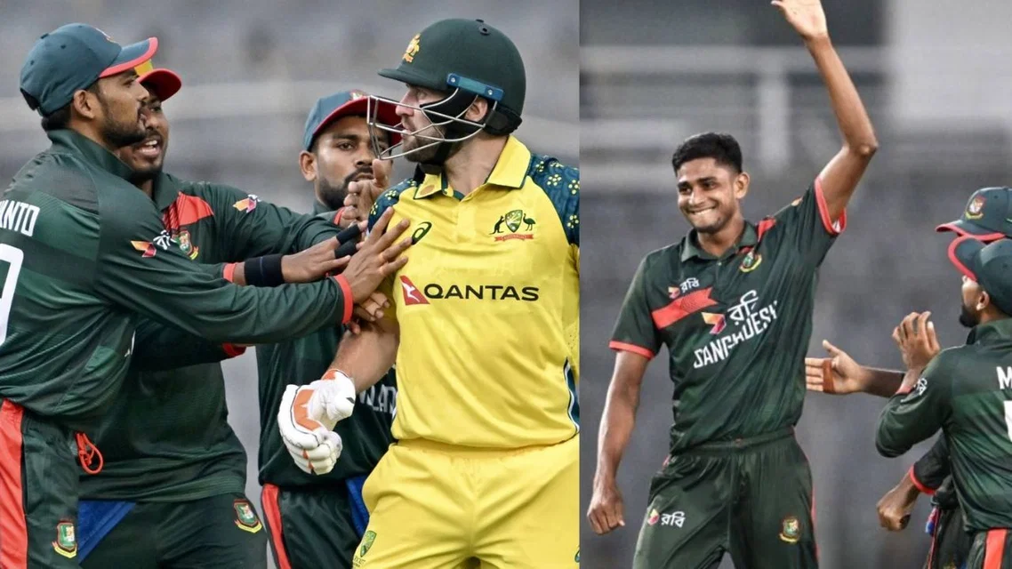 Najmul Shanto with Josh Inglis & Nahid Rana (Source: AFP Photos)