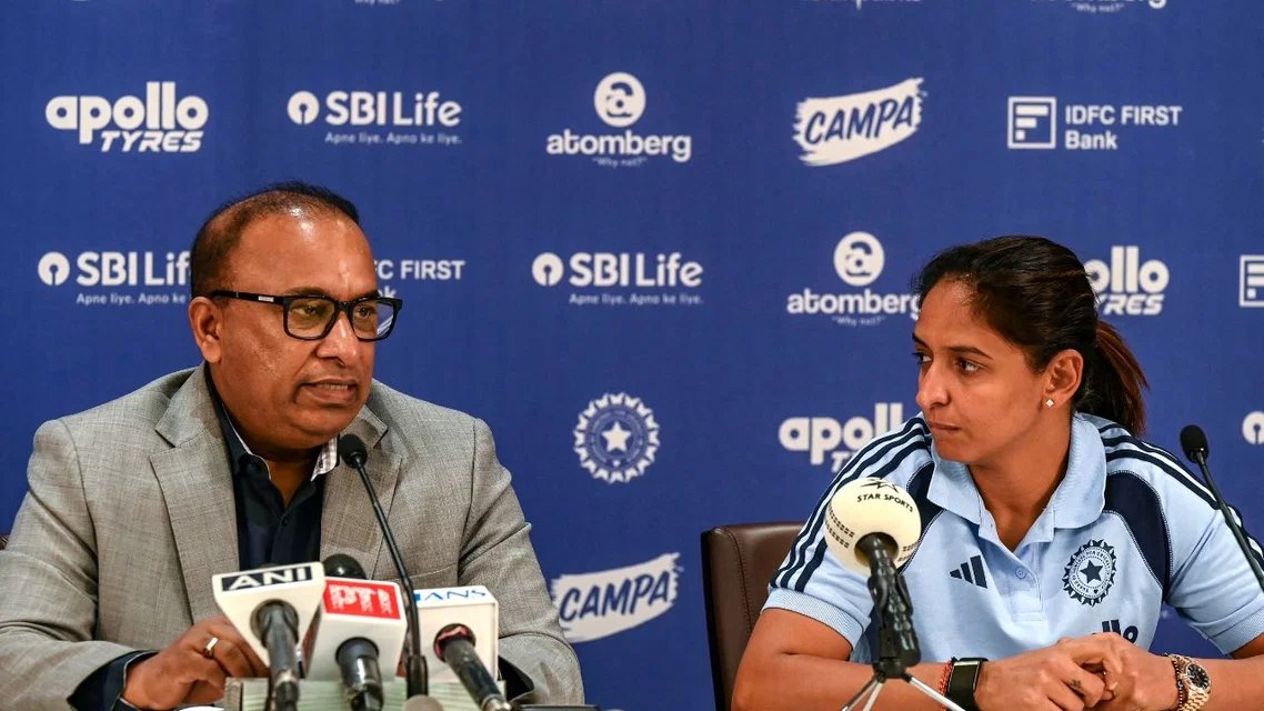 Harmanpreet Kaur doing press conference with BCCI secretary Devajit Saikia (Source: AFP Photos)