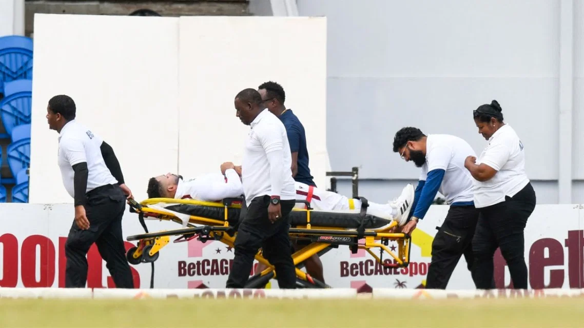 Brandon King being stretchered off vs Pakistan [Source: AFP]