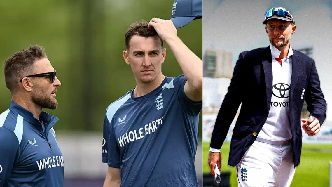 Harry Brook with Brendon McCullum, Joe Root in frame | PC - X