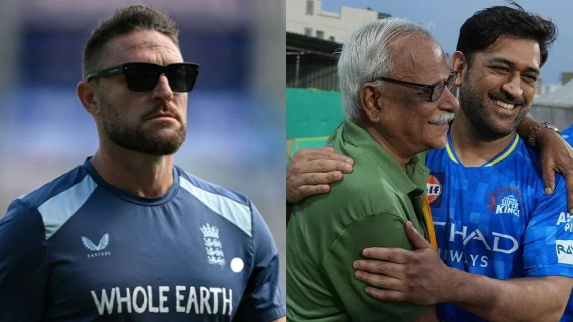 Brendon McCullum, CSK CEO and MS Dhoni [Source: AFP and @ChennaiIPL]