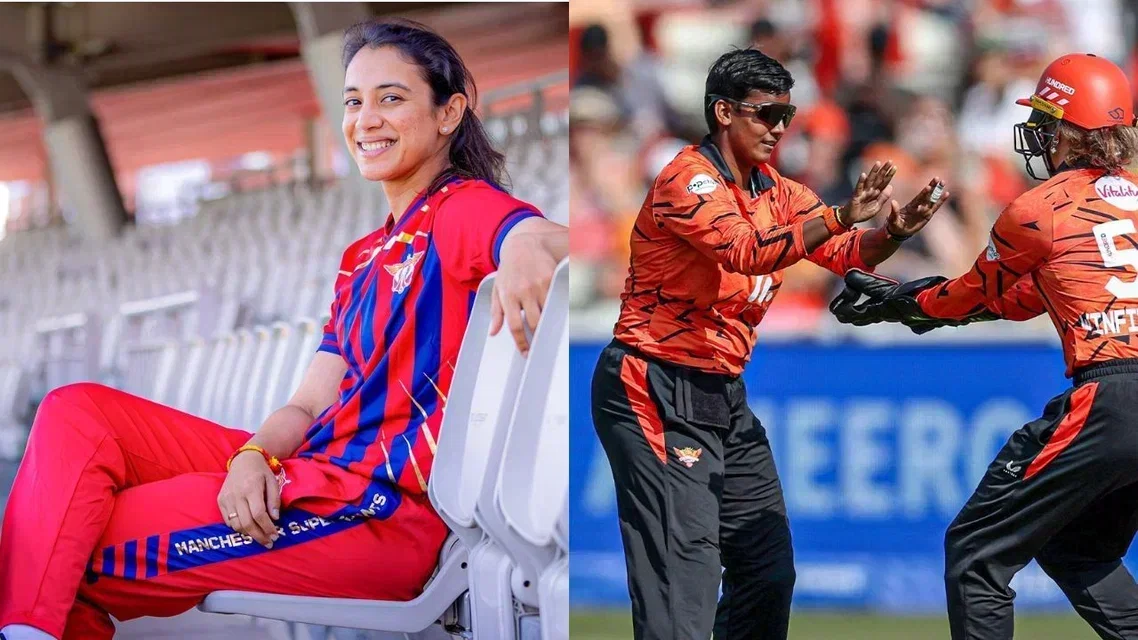 Smriti Mandhana (L) & Deepti Sharma celebrating a wicket (Source: @ManchesterSG100 & @sunrisersleeds/X)
