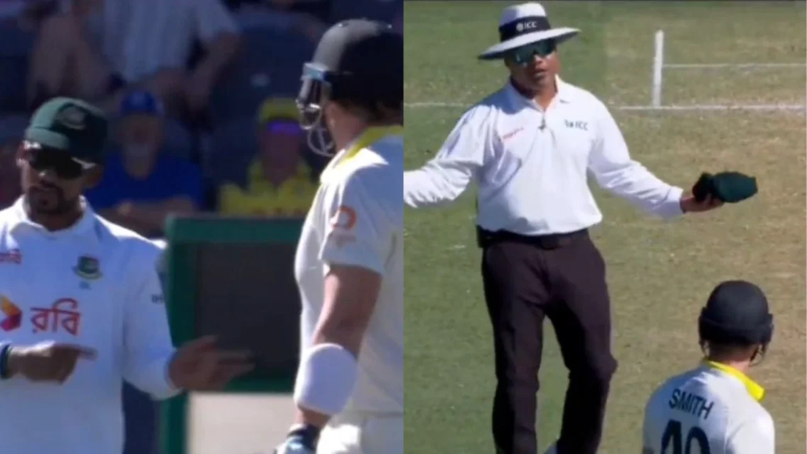 Steve Smith having a chat with Shanto (L) & Nitin Menon steps in (Source: Screengrab)