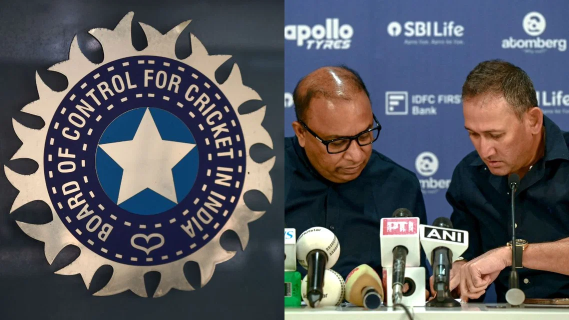 BCCI's chief selector Ajit Agarkar and secretary Devajit Saikia (R) & BCCI Logo (Source: AFP Photos)