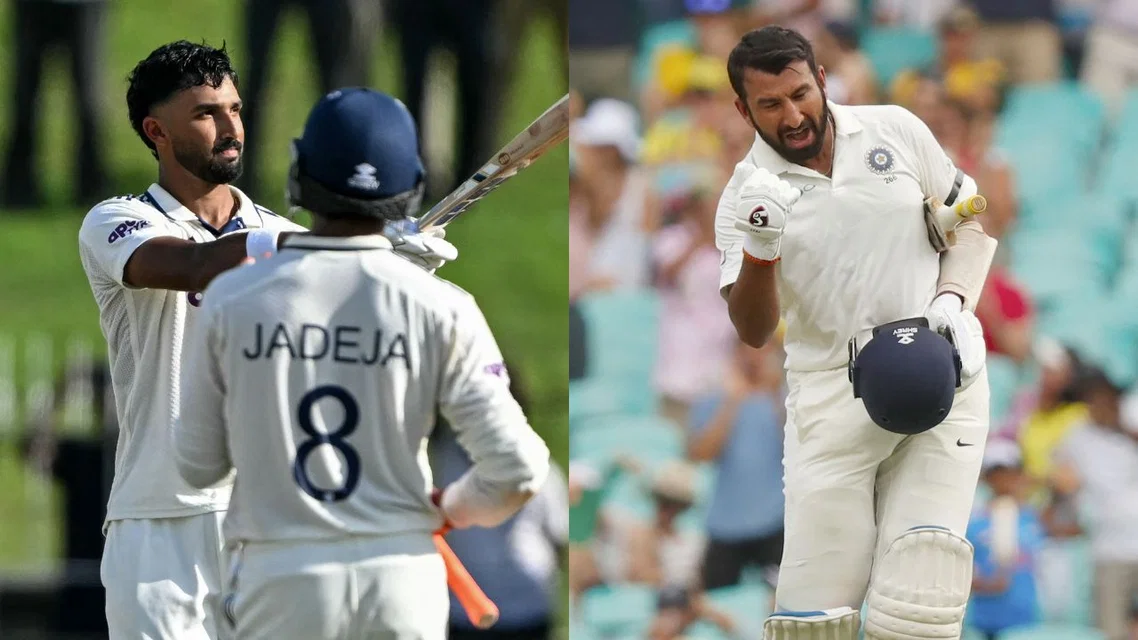 Devdutt Padikkal after century in Colombo (L) & Cheteshwar Pujara (Source: AFP Photos)