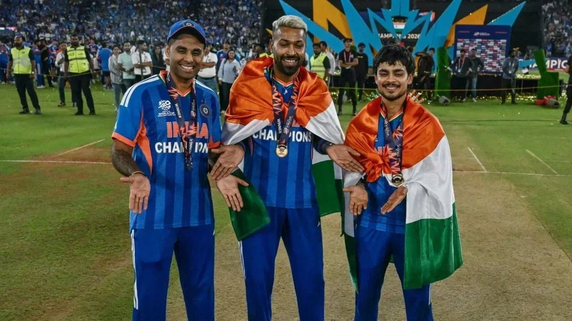 Suryakumar Yadav with Hardik Pandya and Ishan Kishan [Source: AFP]
