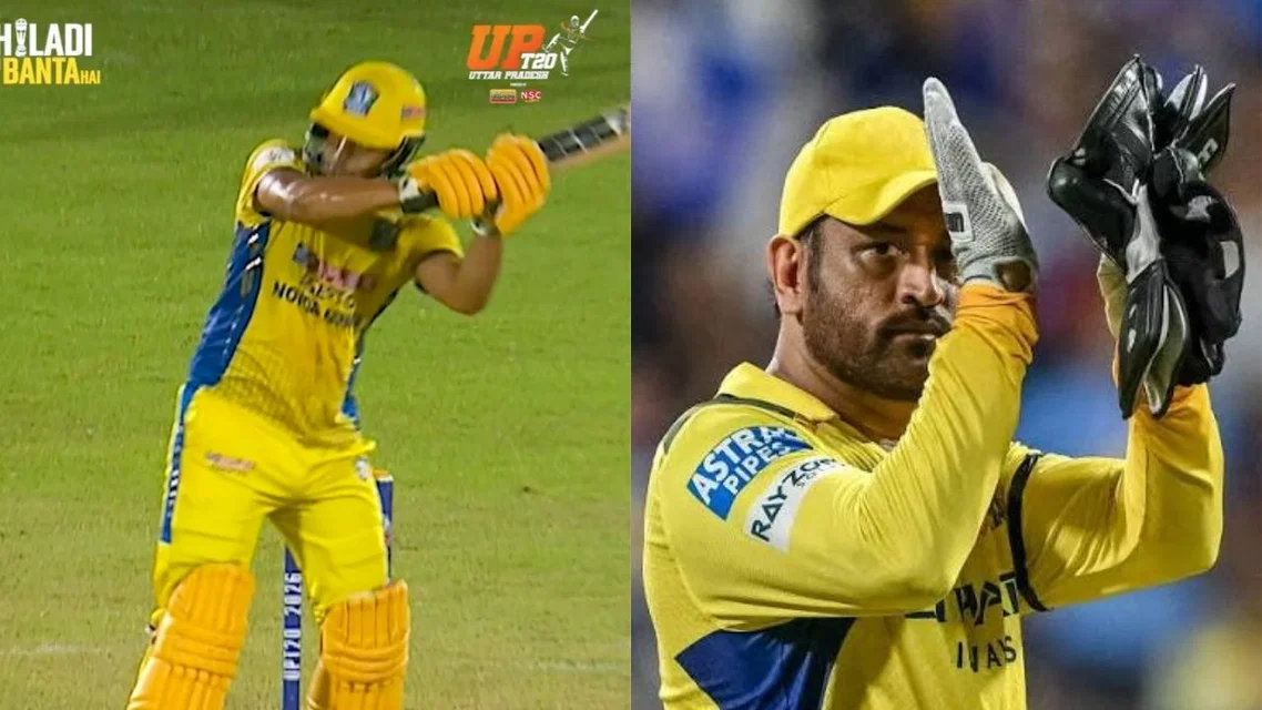Prashant Veer turns left-handed MS Dhoni [Source: screengrab, AP]