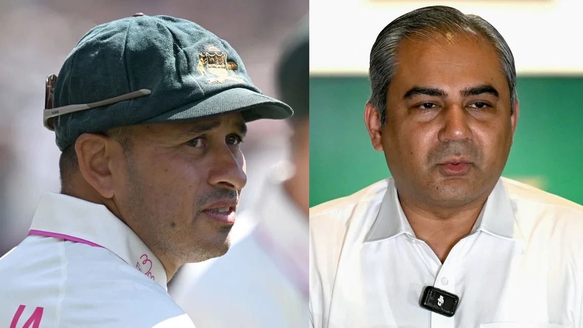 Usman Khawaja and PCB Chairman Mohsin Naqvi (Source: AFP)