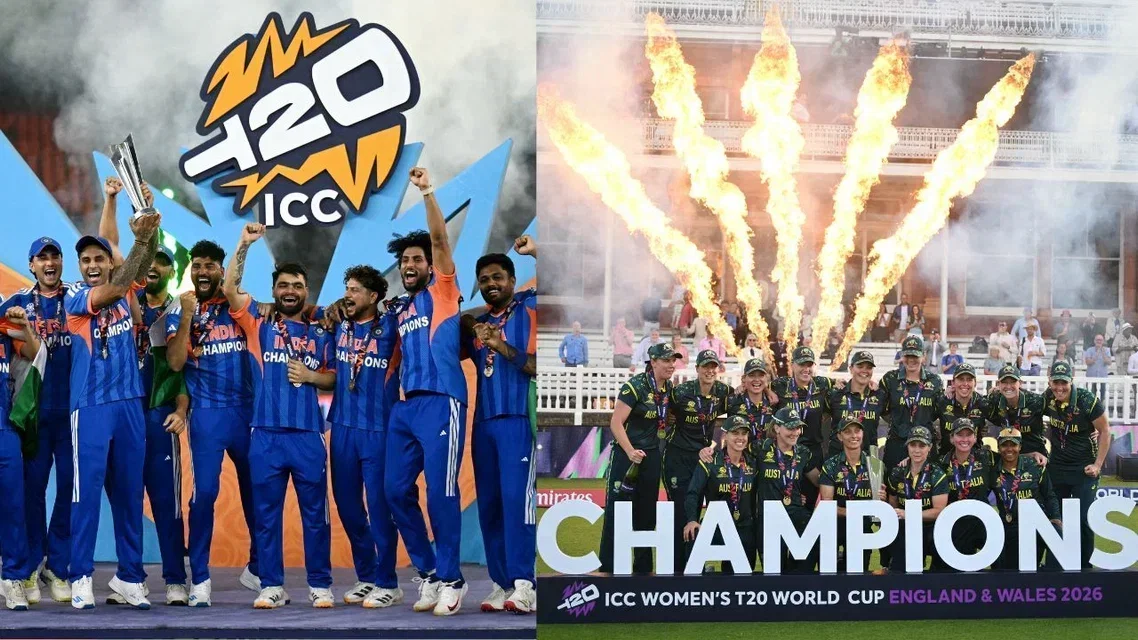 Team India and Australia, Winners of 2026 ICC Men's and Women's T20 World Cups (Source: AFP)&nbsp;