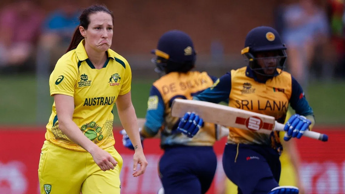 Megan Schutt reacting during a match for Australia (Source: AFP Photos)