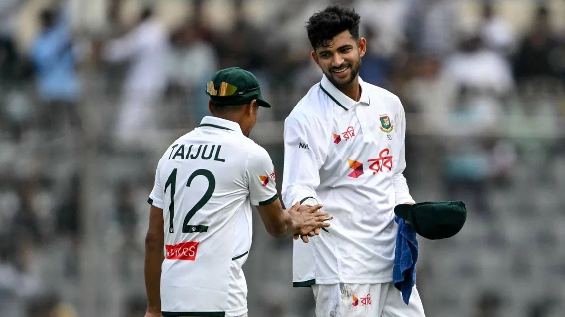 Nayeem Hasan with Taijul during BAN vs WI 1st Test | PC- AFP